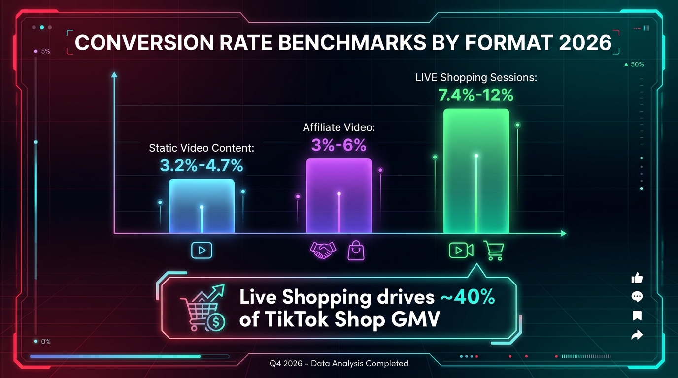 TikTok Shop conversion rate benchmarks by format 2026: static video 3.2-4.7%, affiliate video 3-6%, LIVE shopping sessions 7.4-12%, live shopping drives 40% of TikTok Shop GMV