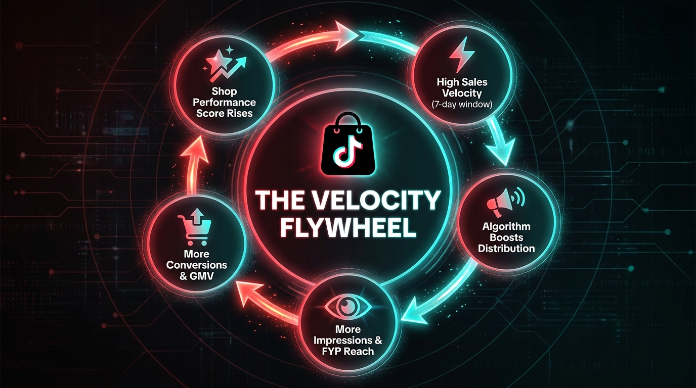 TikTok Shop product velocity flywheel diagram: High Sales Velocity → Algorithm Boosts Distribution → More Impressions → More Conversions → Shop Performance Score Rises — the velocity flywheel loop