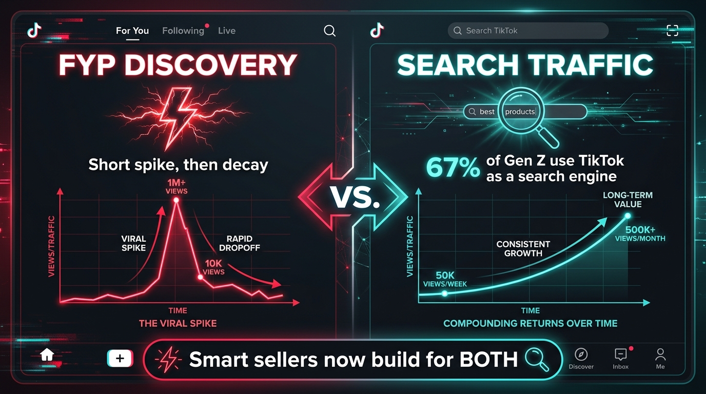 TikTok Shop FYP discovery vs search traffic comparison: FYP shows short spike then decay, search traffic shows compounding growth curve, 67% of Gen Z use TikTok as search engine — smart sellers build for both