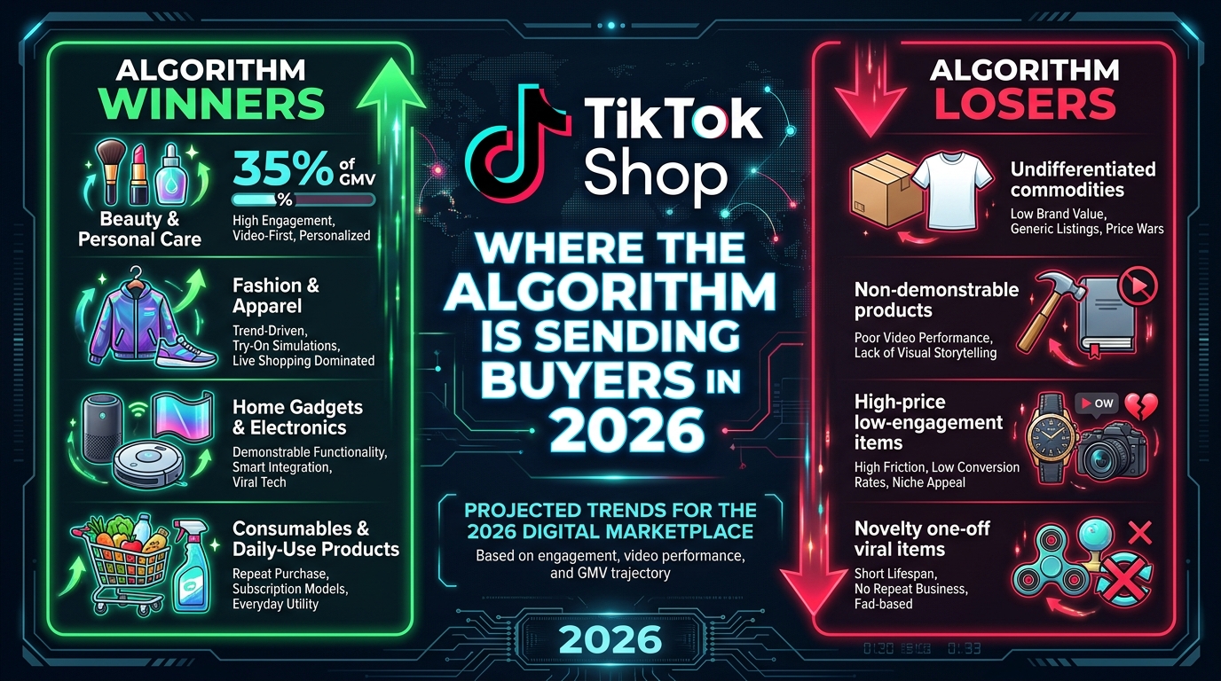 TikTok Shop 2026 algorithm winners and losers by category: Beauty 35% GMV, Fashion, Home Gadgets, Consumables winning vs undifferentiated commodities, non-demonstrable and novelty products losing