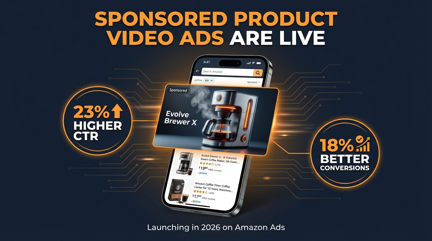 Amazon Sponsored Products Video Ads live in 2026 with 23% higher CTR and 18% better conversions shown on smartphone screen