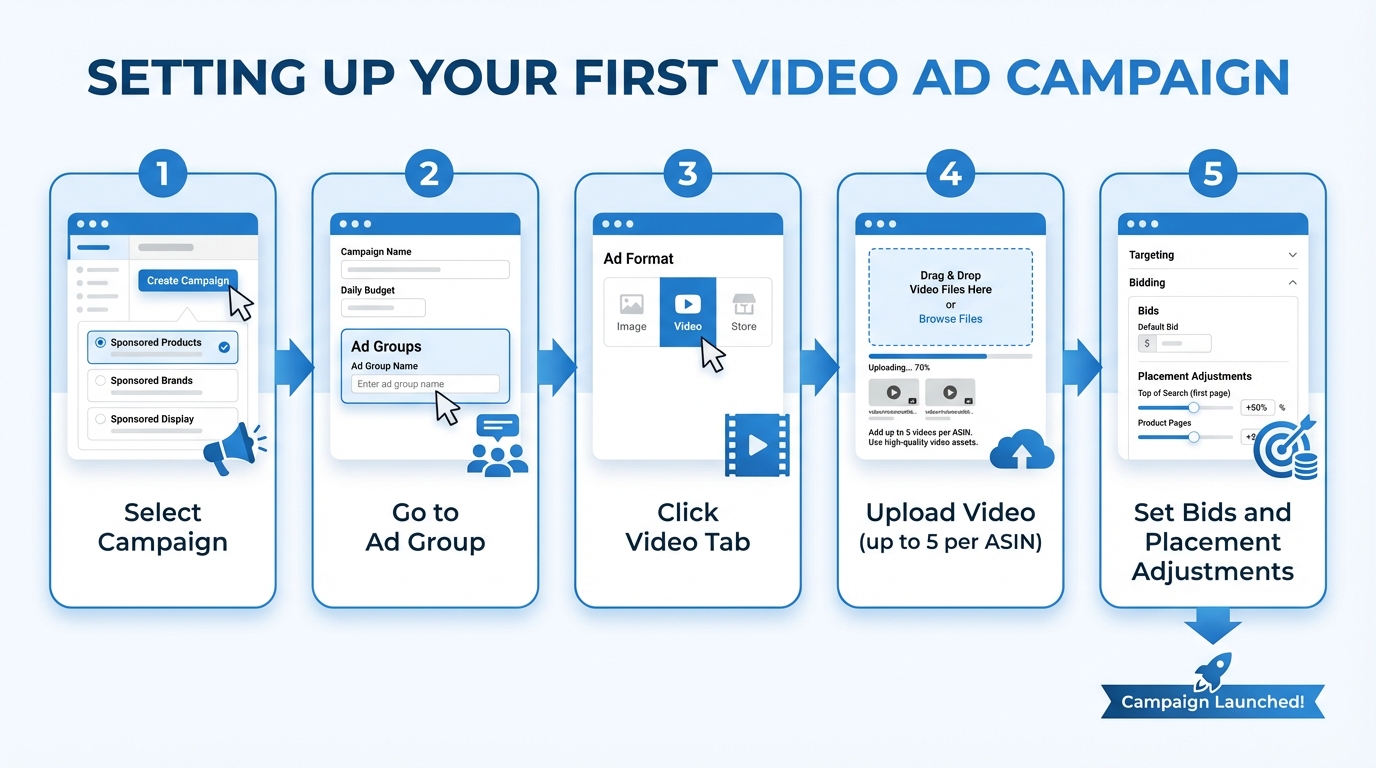 Step-by-step guide to setting up Amazon Sponsored Products Video Ad campaign in Ads Console: select campaign, ad group, video tab, upload videos, set bids