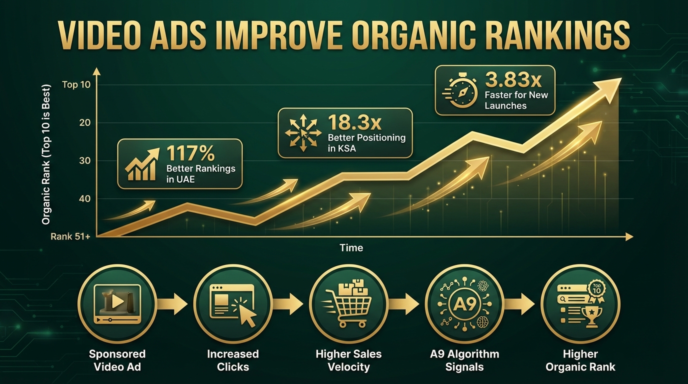 Amazon Sponsored Products Video Ads organic ranking improvement data: 117% better rankings UAE, 18.3x better positioning KSA, 3.83x faster for new launches
