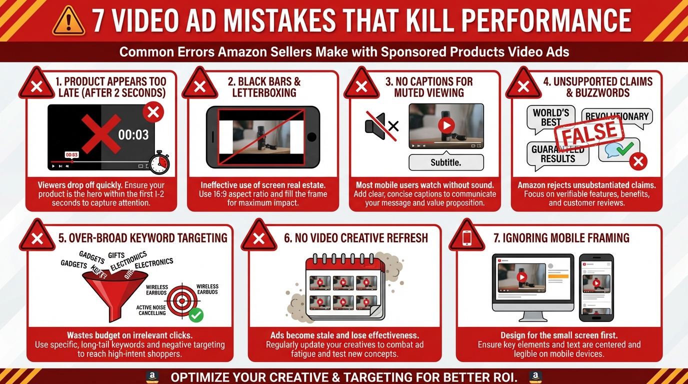7 video ad mistakes that kill Amazon Sponsored Products Video Ad performance: product appears late, black bars, no captions, unsupported claims, broad keywords, no creative refresh, ignoring mobile
