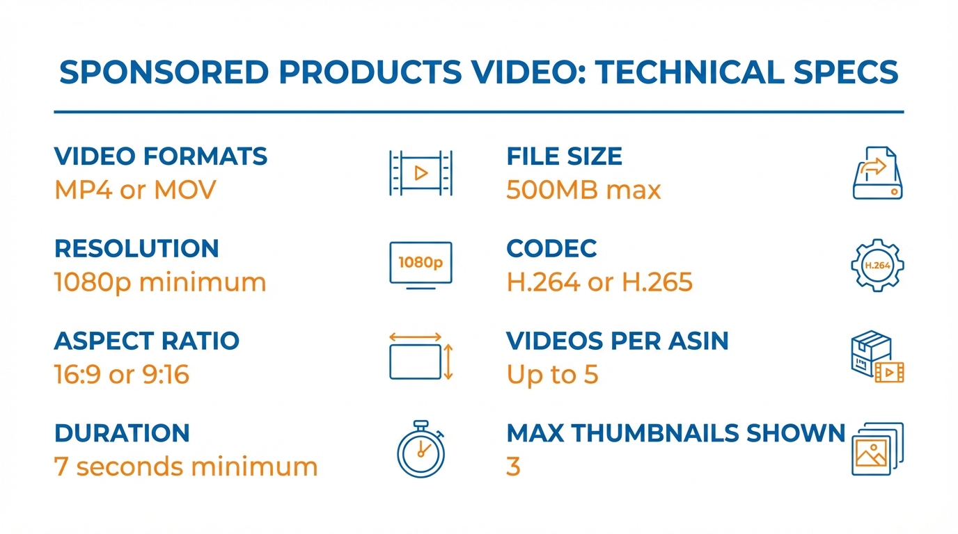 Amazon Sponsored Products Video Ads technical specifications: MP4 or MOV, 1080p minimum, 16:9 or 9:16 aspect ratio, 7 seconds minimum, 500MB max file size, H.264 codec