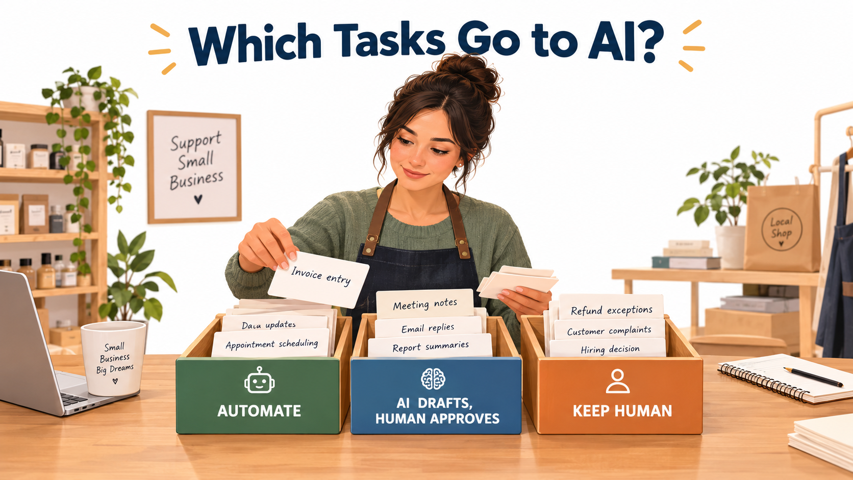 Small business owner sorting task cards into three trays labeled Automate, AI Drafts Human Approves, and Keep Human