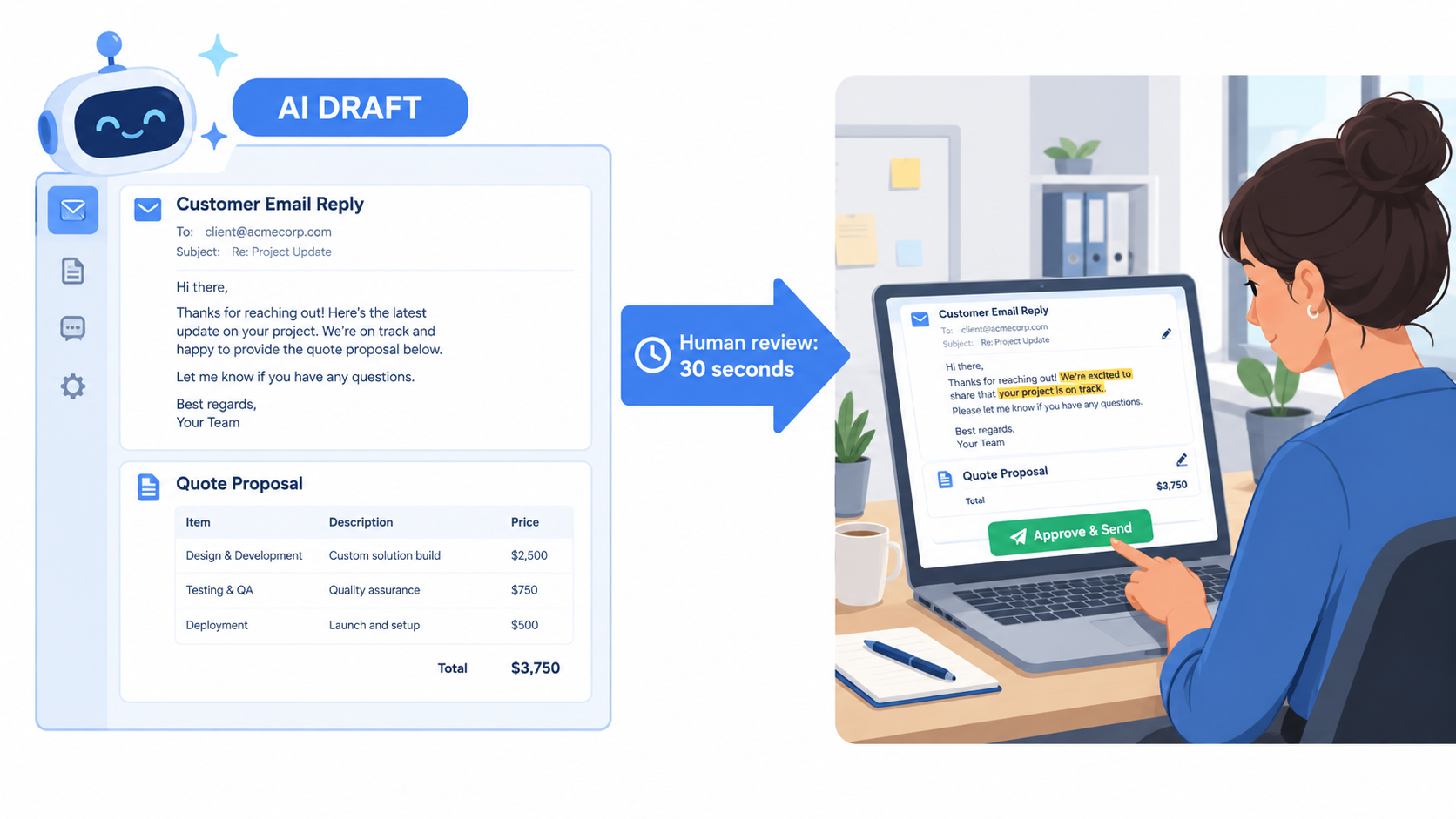 Draft-and-approve workflow showing an AI-generated email draft, a quick human review, and an approve and send button