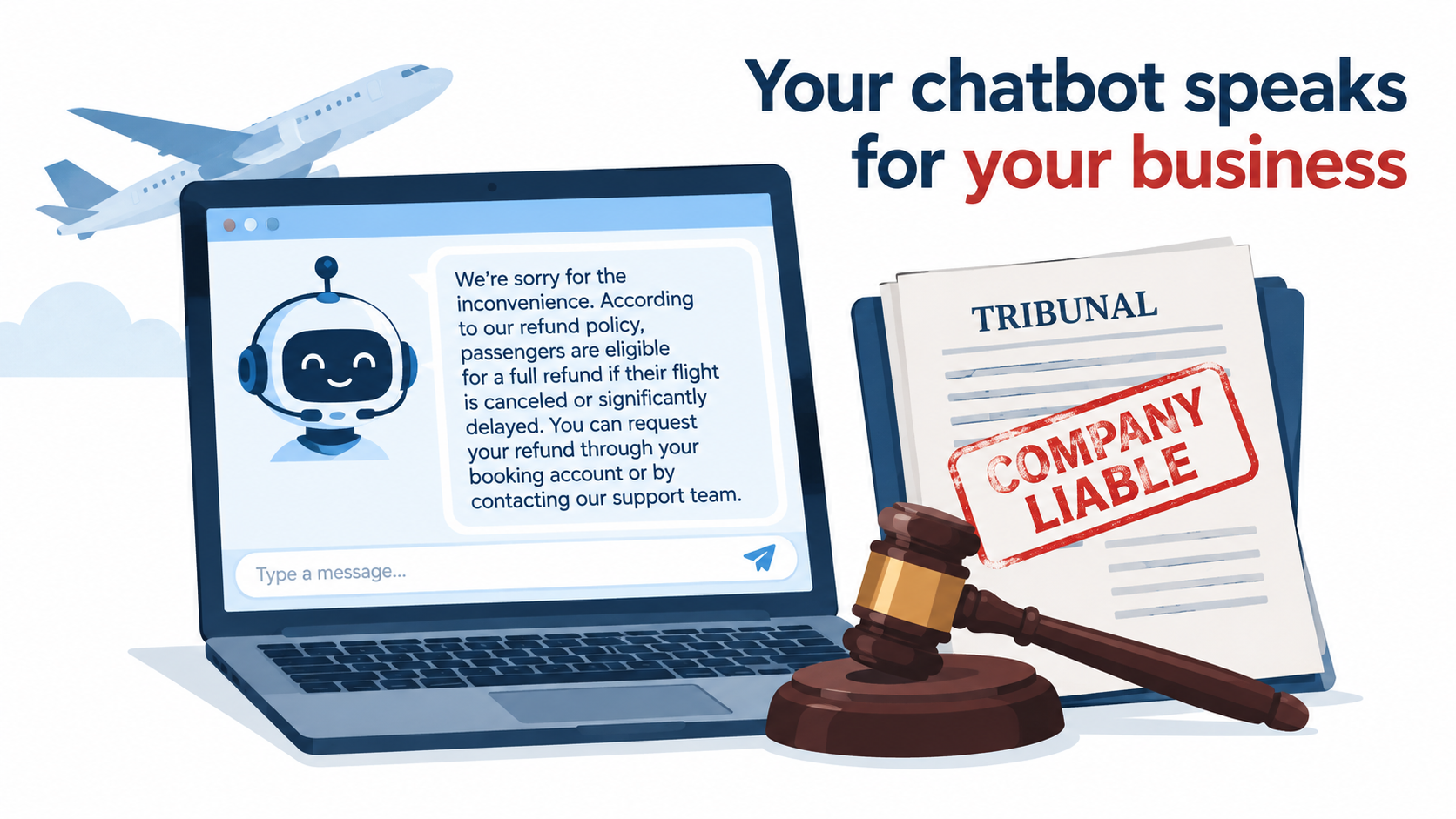Chatbot on a laptop giving refund policy information next to a tribunal ruling stamped company liable