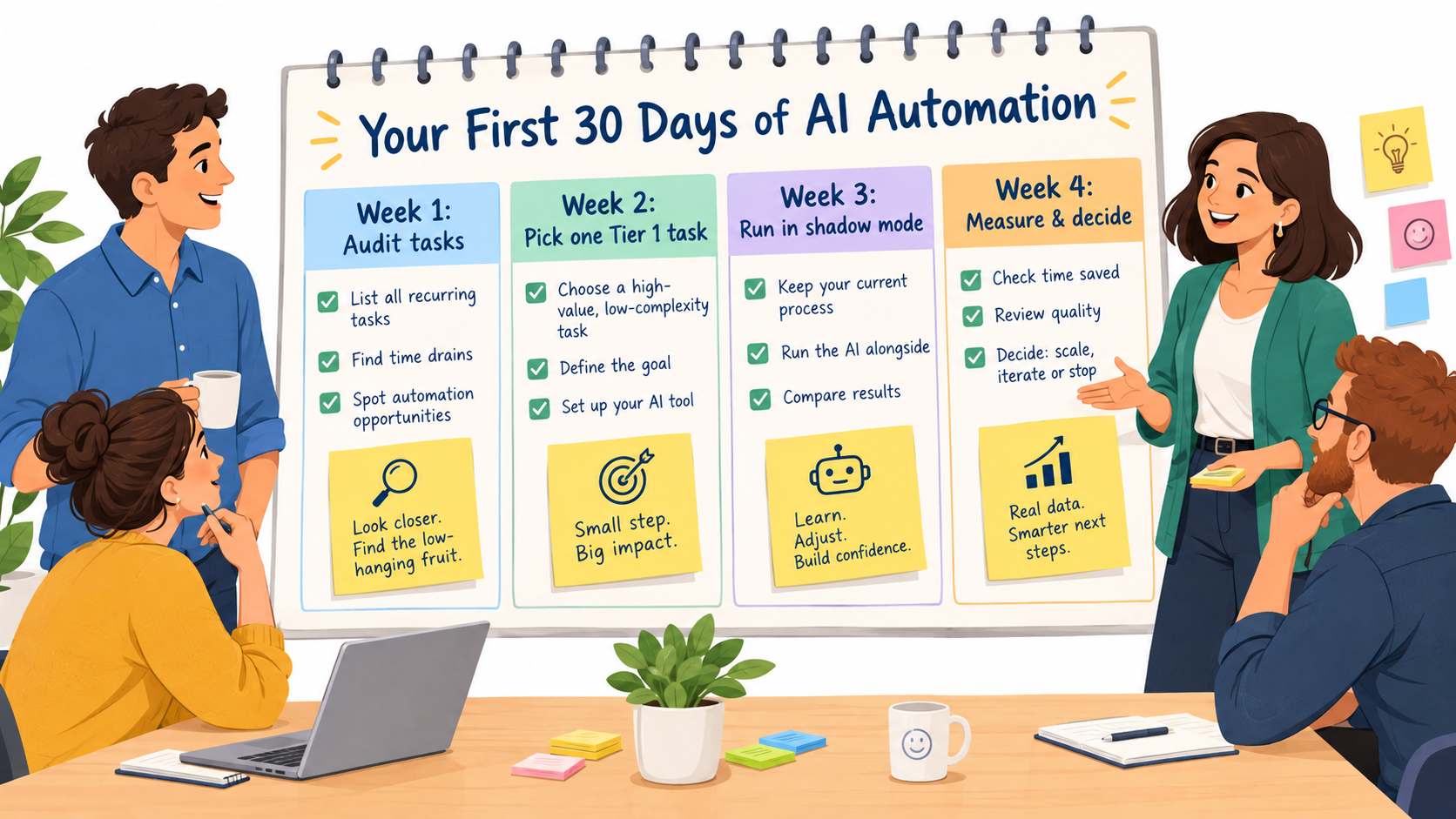 Calendar infographic showing the first 30 days of AI automation: audit tasks, pick one Tier 1 task, run in shadow mode, measure and decide