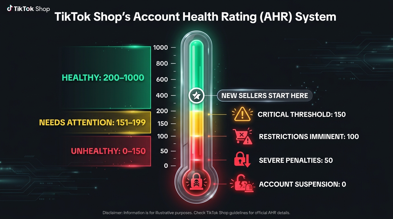 TikTok Shop Account Health Rating AHR gauge infographic — scoring zones from 0 to 1000 with thresholds at 150, 100, 50, and 0