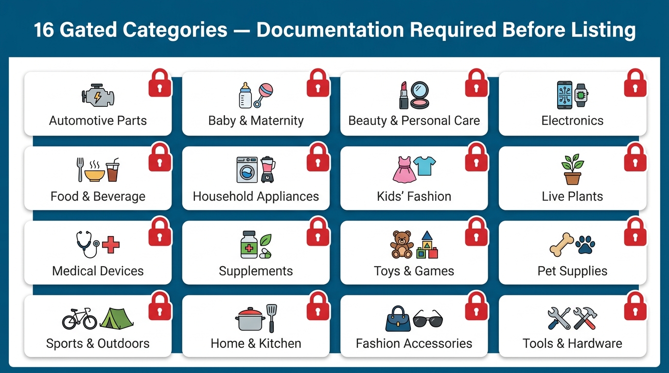 TikTok Shop 16 gated product categories infographic — grid of padlocked category tiles requiring pre-approval documentation before listing
