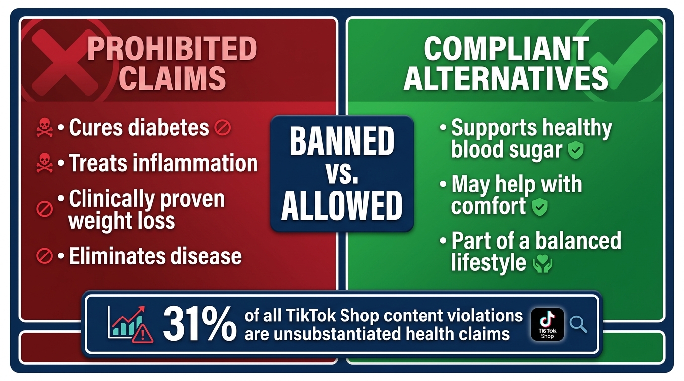 Banned vs Allowed health claims comparison infographic for TikTok Shop — prohibited disease treatment language on left, compliant structure-function alternatives on right