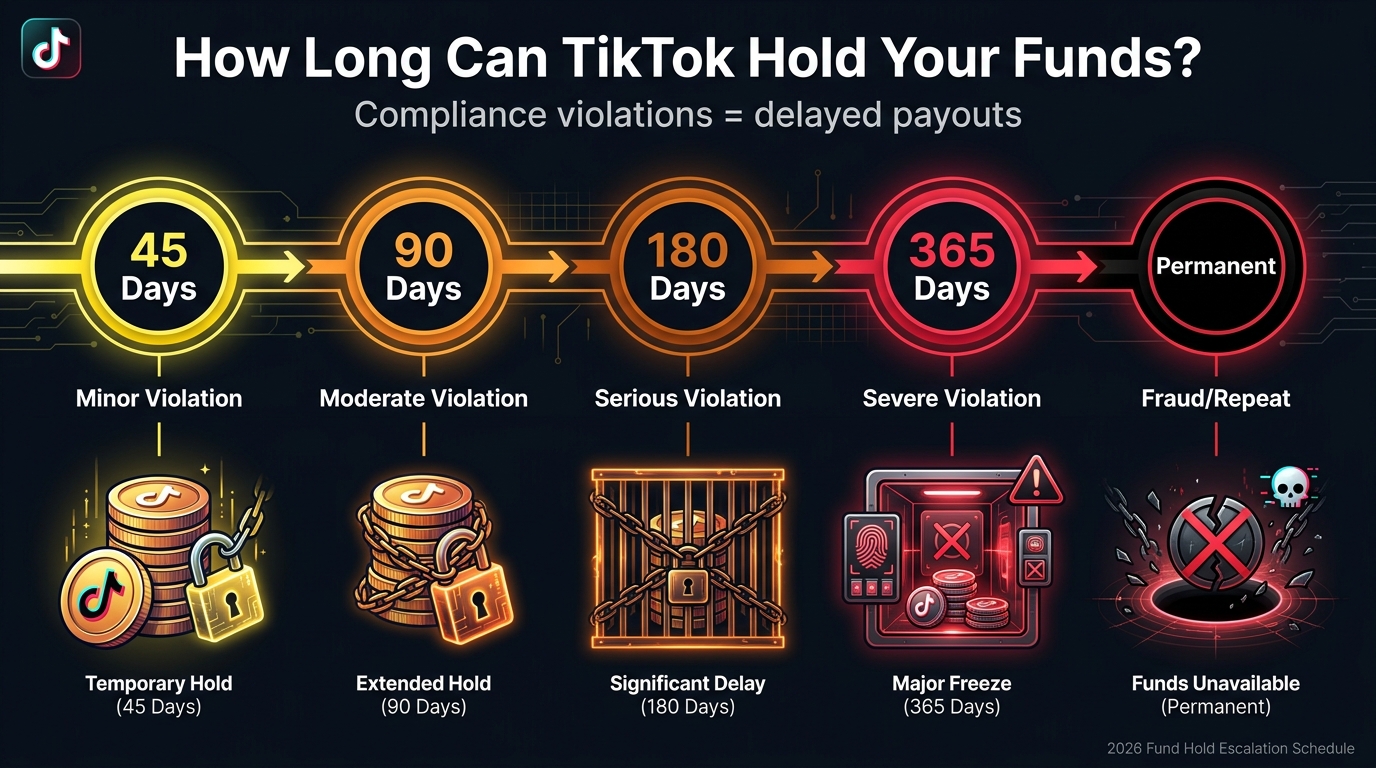 TikTok Shop fund hold escalation timeline infographic — stages from 45 days to permanent hold based on violation severity, with coin stacks progressively locked