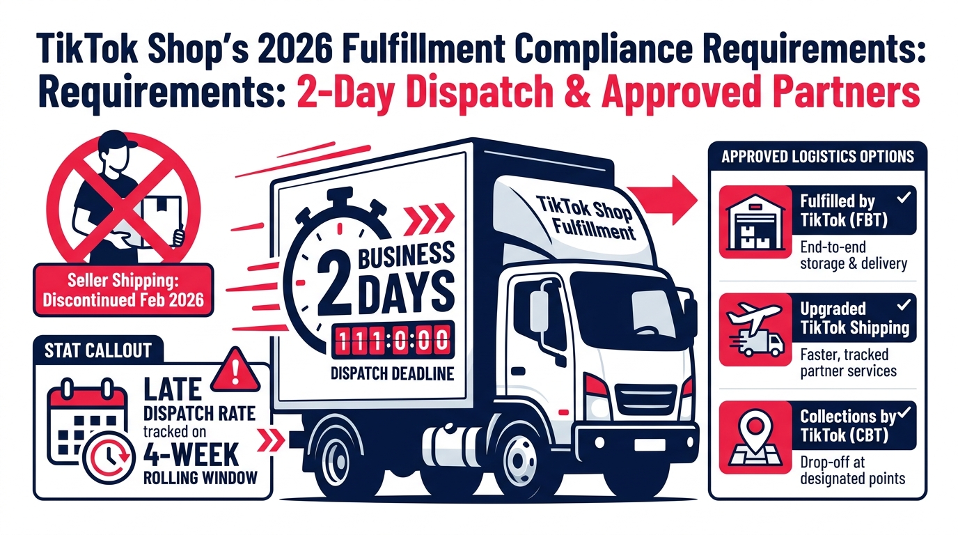 TikTok Shop 2026 fulfillment compliance infographic — approved logistics options FBT, Upgraded TikTok Shipping, CBT, with red X over discontinued seller shipping and 2-business-day dispatch deadline