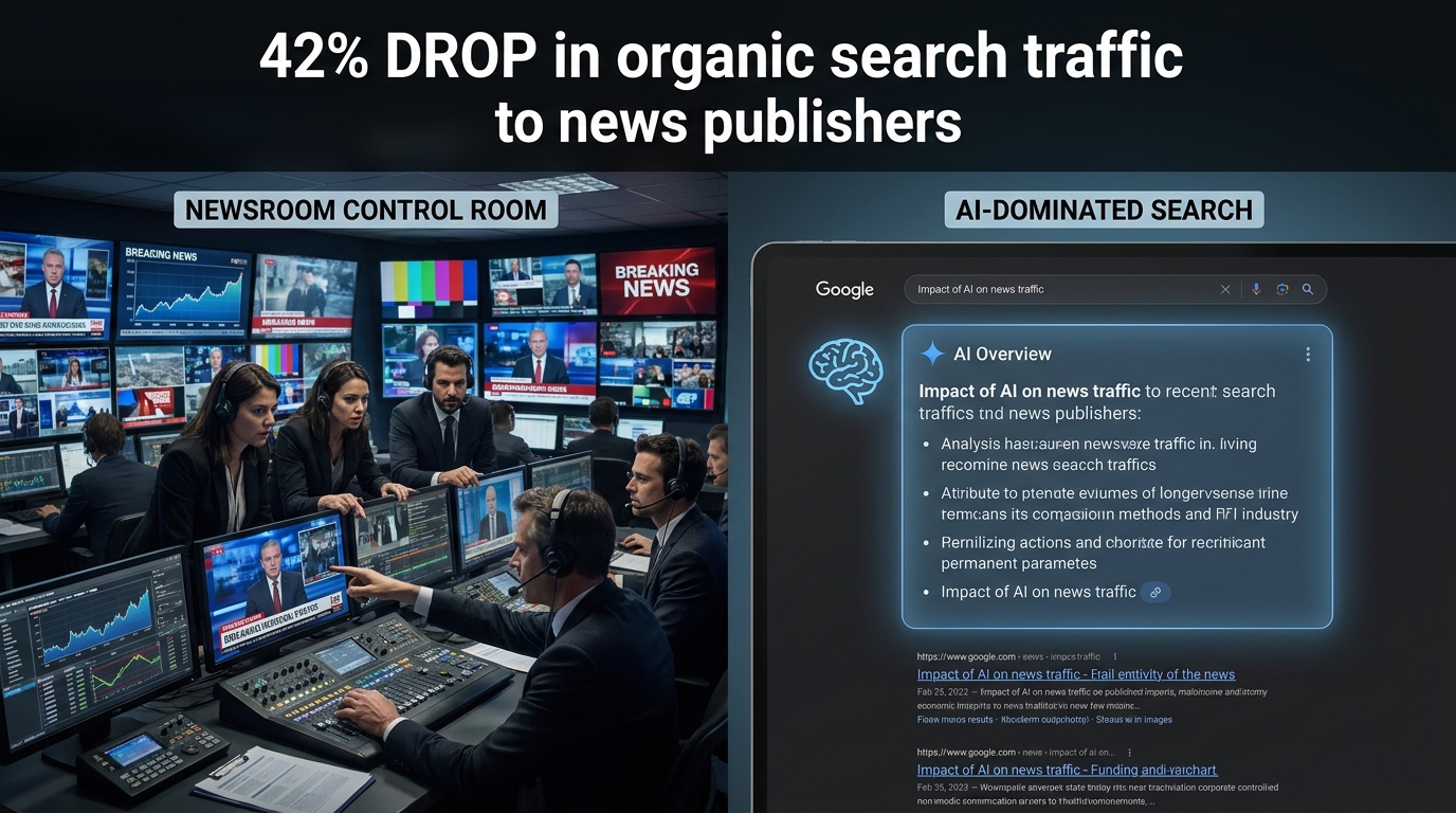 Split-screen showing a newsroom on one side and Google AI Overviews dominating search results on the other, with stat overlay: 42% DROP in organic search traffic to news publishers