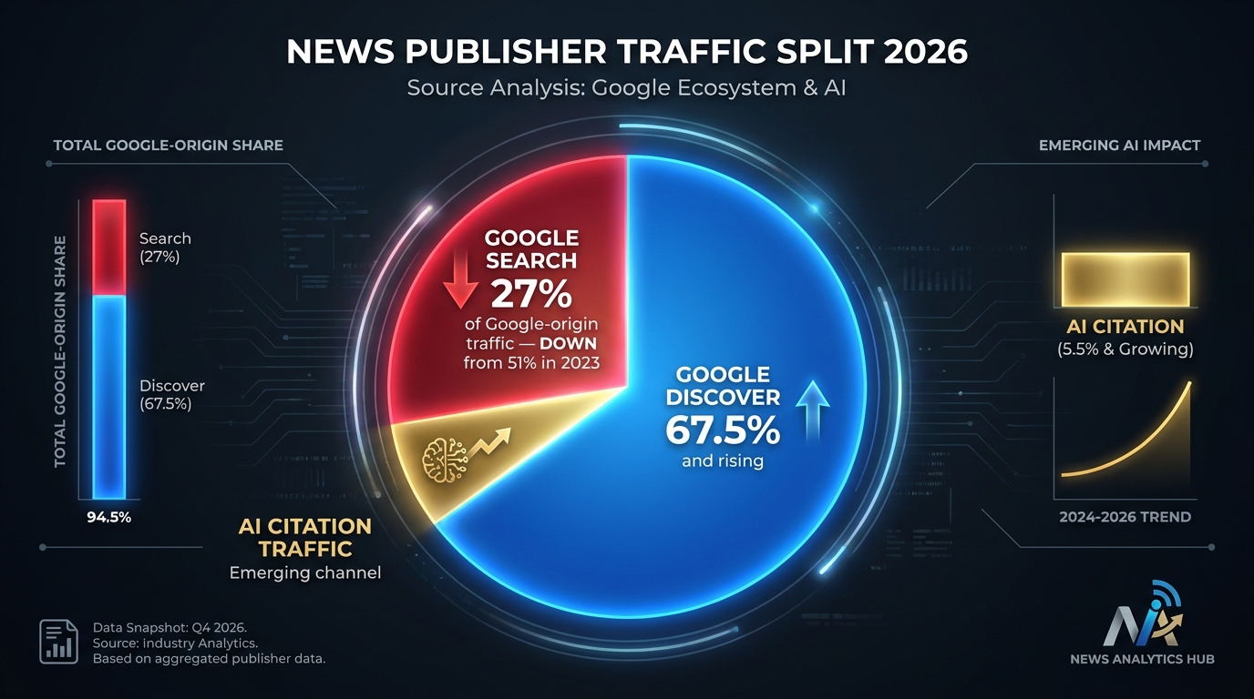 Pie chart infographic showing the 2026 traffic split for news publishers: Google Search at 27% of Google-origin traffic down from 51% in 2023, Google Discover at 67.5%, and emerging AI citation traffic