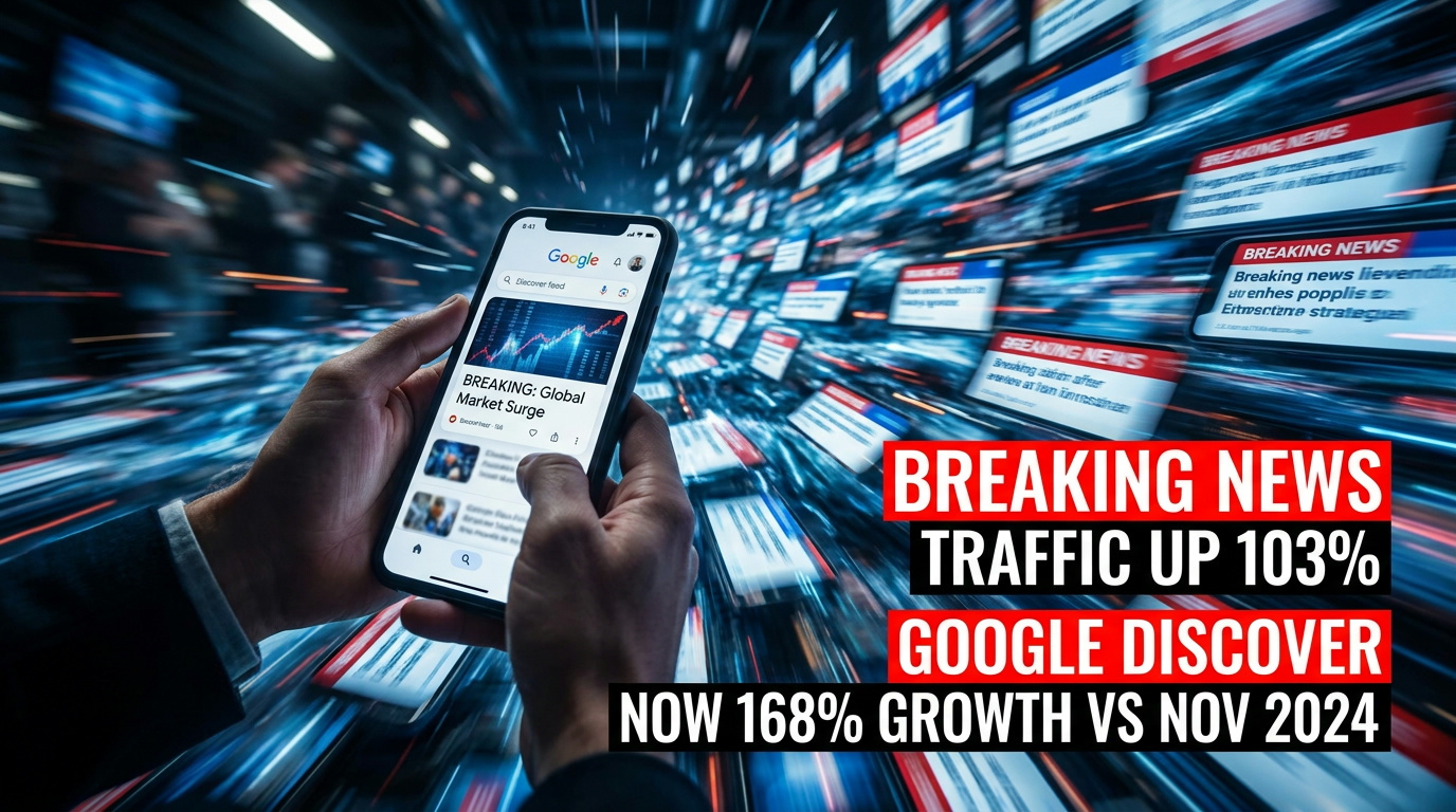 Journalist's hands holding a phone with Google Discover feed, surrounded by dynamic motion blur of breaking news headlines, with stat overlay: Breaking News Traffic UP 103% and Discover 168% Growth vs Nov 2024