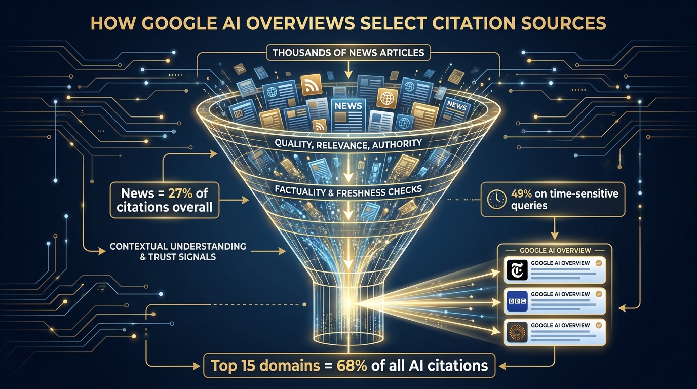Funnel diagram showing how AI Overviews select citations, with stat overlays: Top 15 domains = 68% of all AI citations, News = 27% overall and 49% on time-sensitive queries