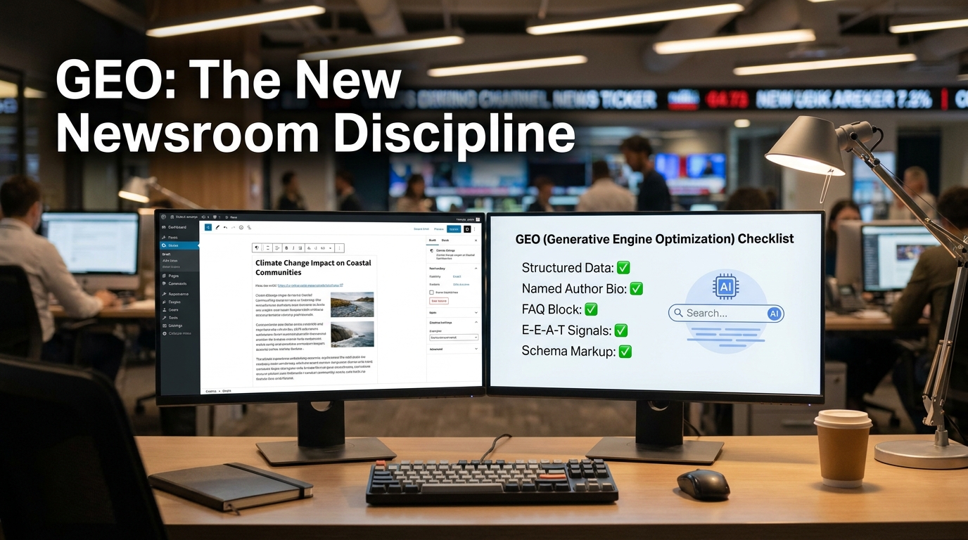 Journalist's dual-screen workstation showing traditional CMS on one screen and a GEO checklist with items like Structured Data, Named Author Bio, FAQ Block, and Schema Markup checked off on the other screen