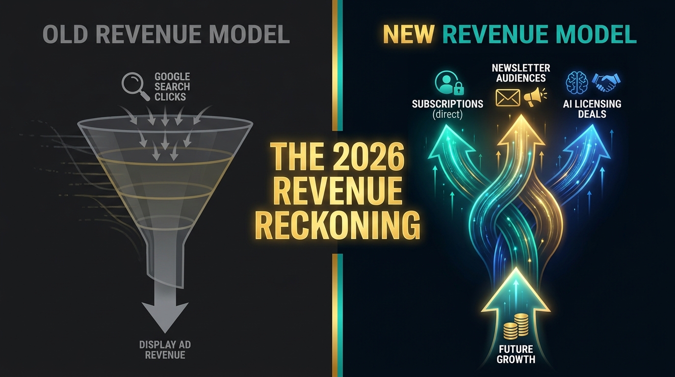 Split comparison infographic: Old Revenue Model showing fading Google Search click-to-ad funnel with downward arrow, versus New Revenue Model showing subscriptions, newsletters, and AI licensing deals with upward arrows