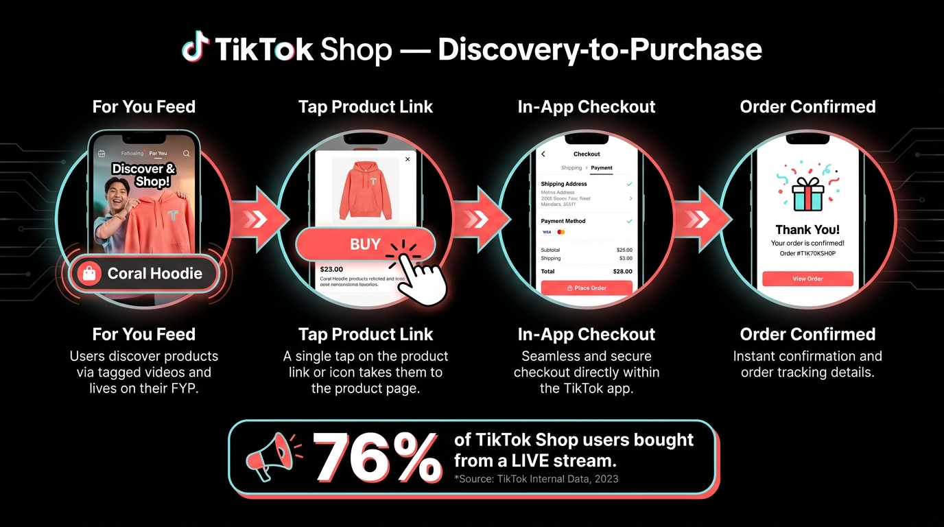 TikTok Shop discovery to purchase funnel diagram with 76% livestream statistic