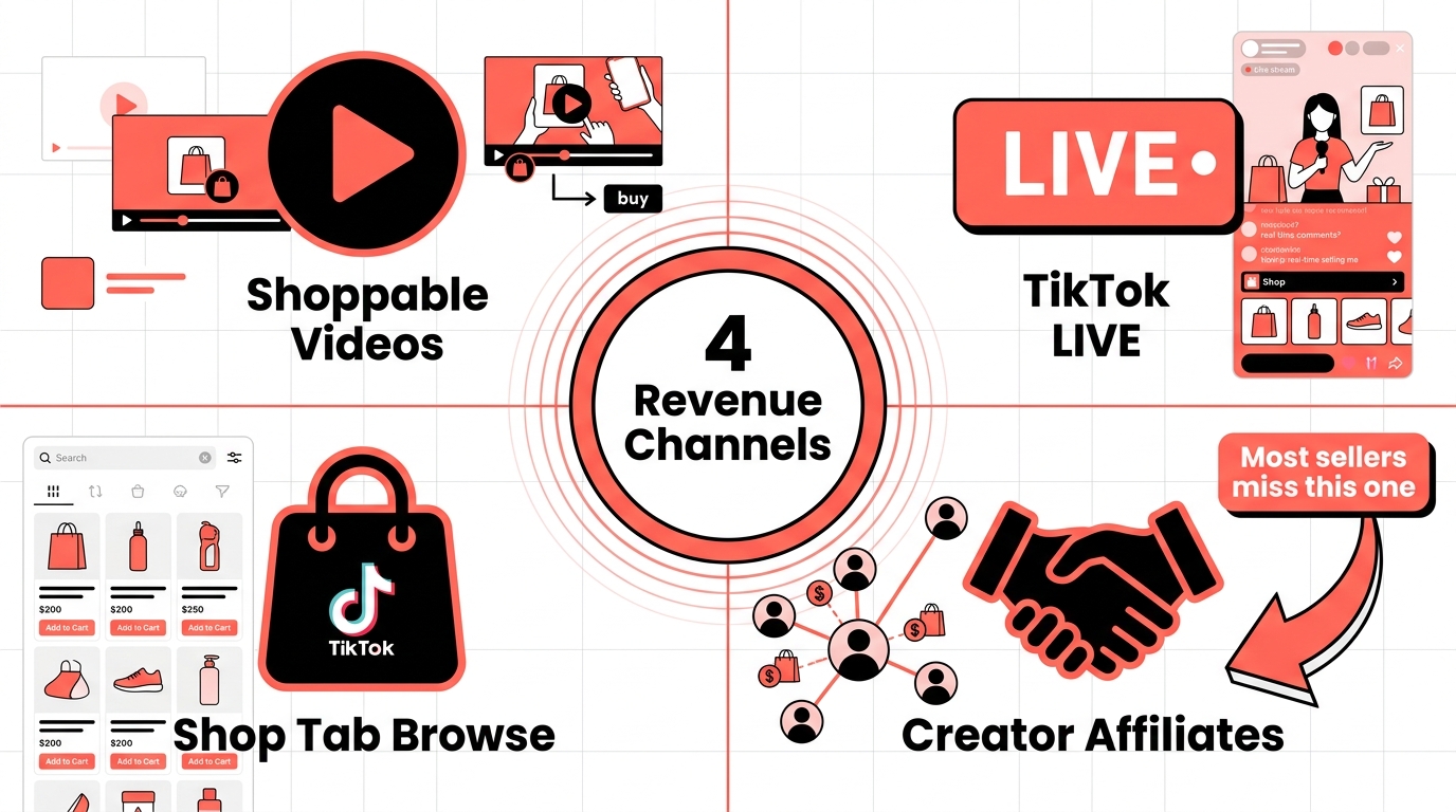 Four TikTok Shop sales channels infographic: shoppable videos, TikTok LIVE, Shop Tab, Creator Affiliates