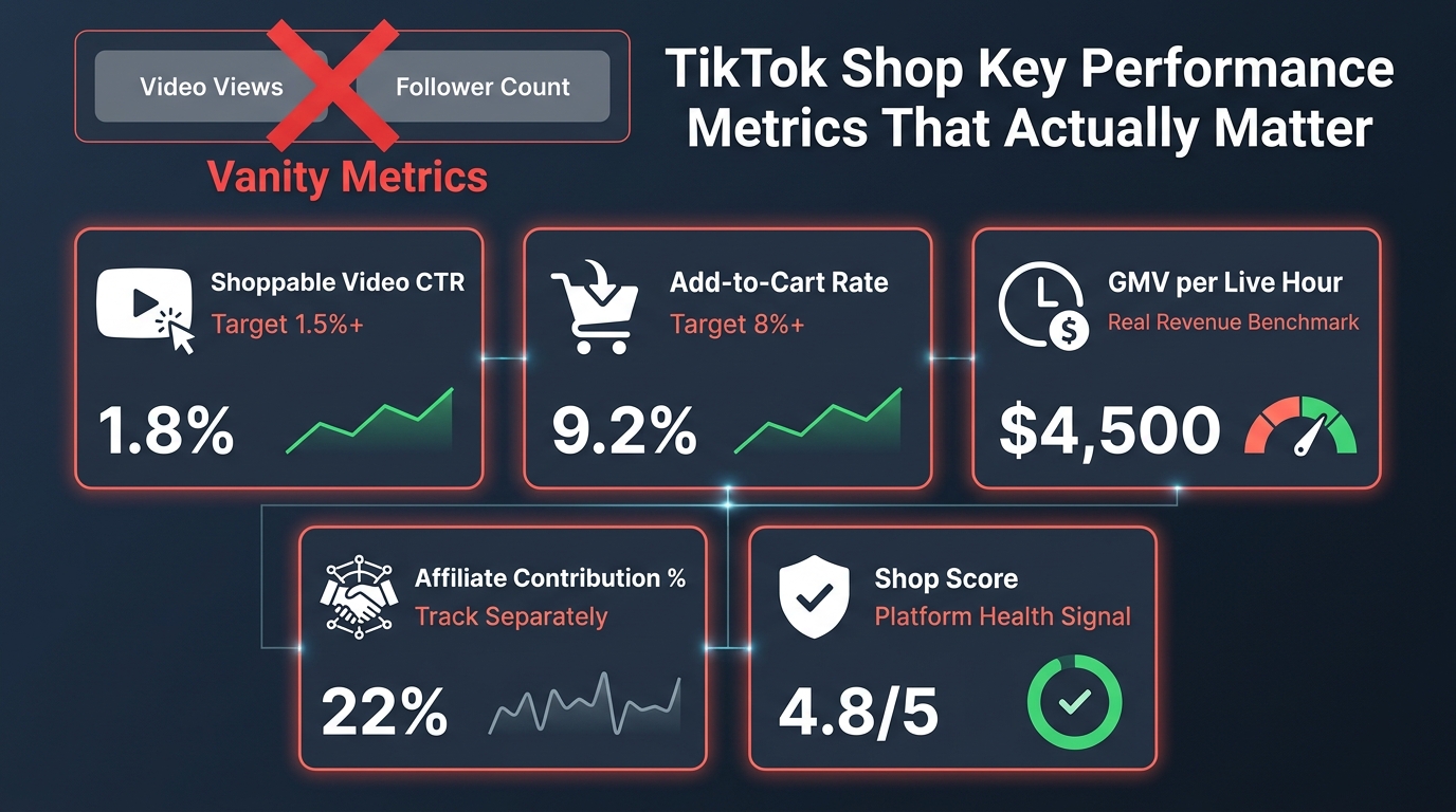 TikTok Shop key performance metrics dashboard: CTR, add-to-cart rate, GMV per live hour, shop score
