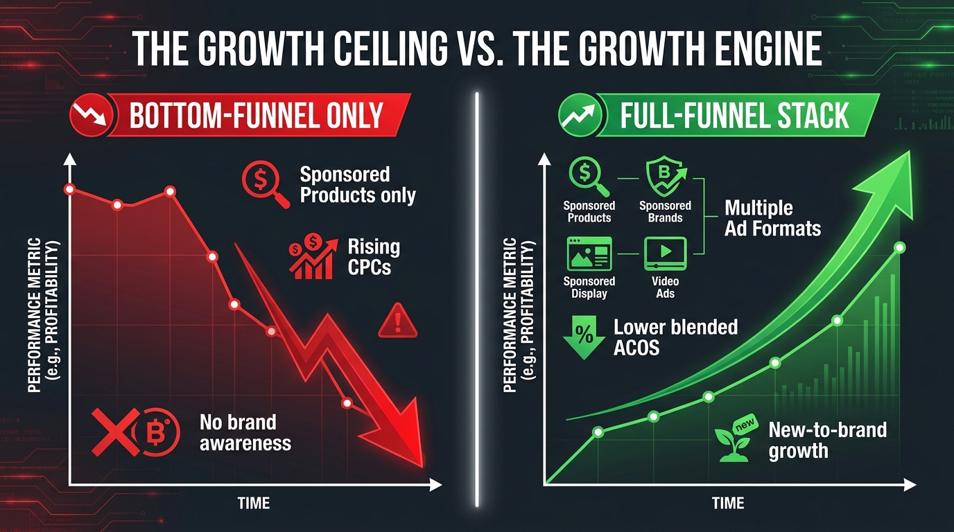 Split-screen comparison infographic showing Bottom-Funnel Only strategy declining versus Full-Funnel Stack growing over time