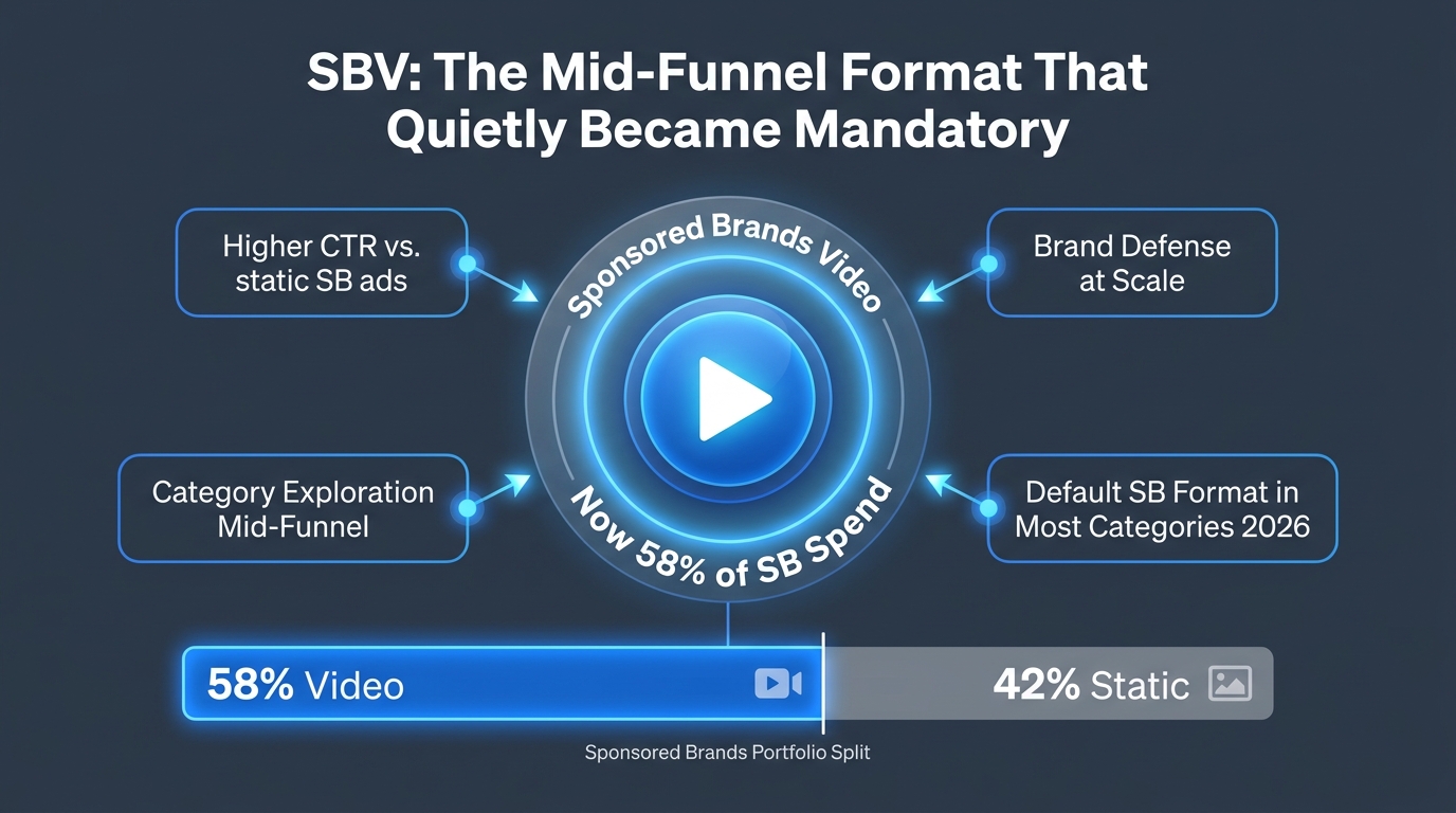 Sponsored Brands Video mid-funnel infographic showing 58% of SB spend, higher CTR, and default format status in 2026