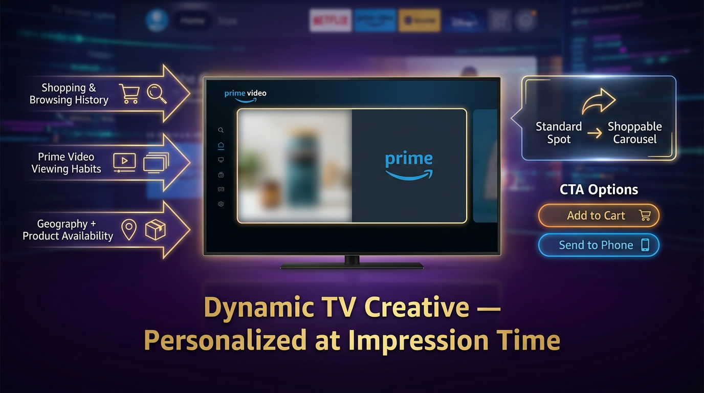 Dynamic TV Creative on Prime Video infographic showing personalized Interactive Video Ads using first-party shopping and viewing signals