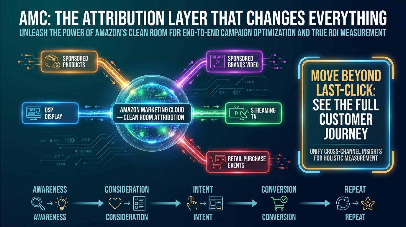 Amazon Marketing Cloud attribution hub infographic showing clean room data connecting Sponsored Products, Sponsored Brands Video, DSP, Streaming TV, and retail purchase events