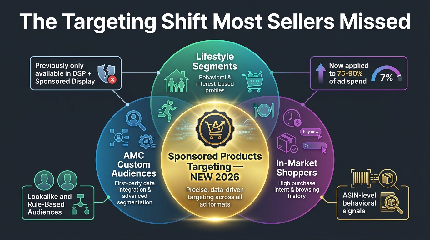 Amazon Ads 2026 audience targeting Venn diagram showing AMC Custom Audiences, Lifestyle Segments, and In-Market Shoppers now available in Sponsored Products