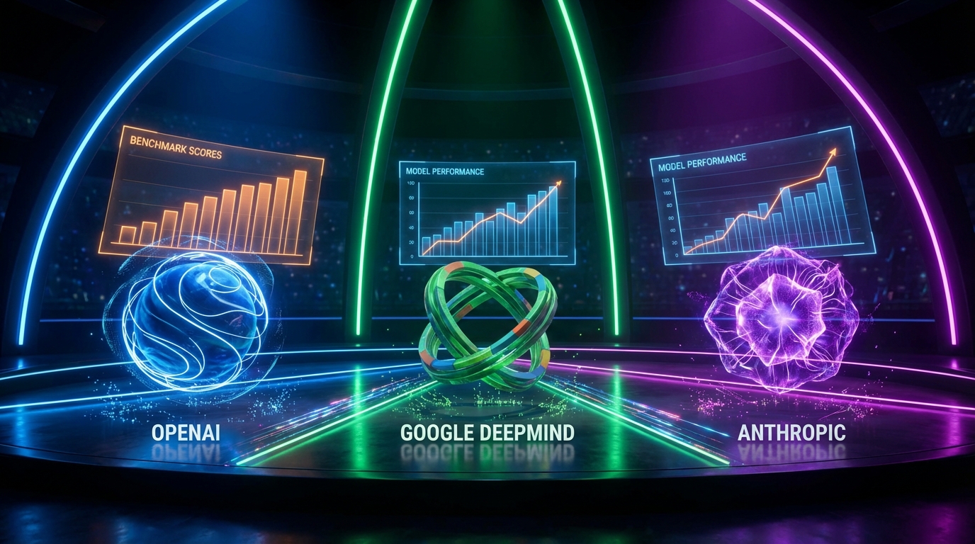 Three competing AI models represented as glowing orbs on a dark arena stage with benchmark performance graphs