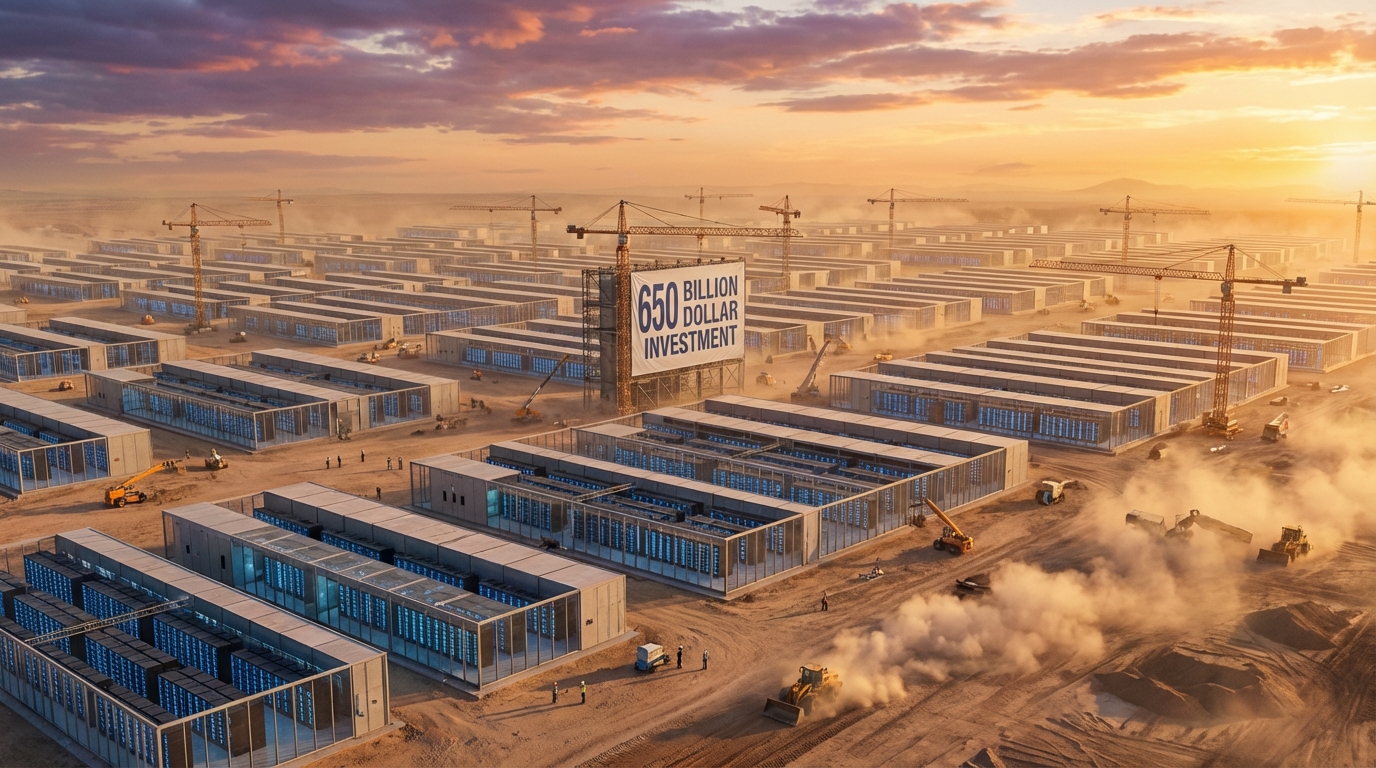 Aerial view of massive AI data center construction site with rows of server buildings and cranes stretching to the horizon