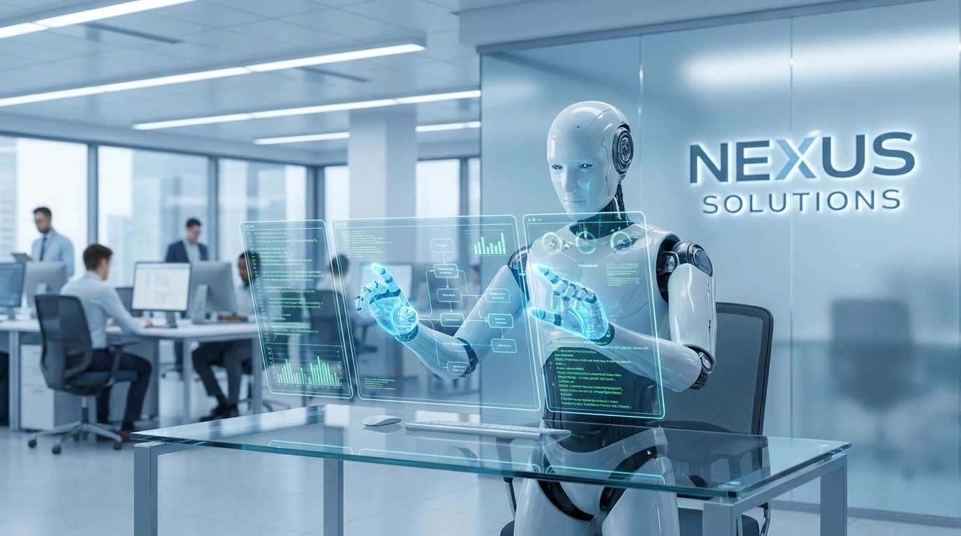 AI agent working autonomously in a modern enterprise office, executing tasks across multiple floating digital screens