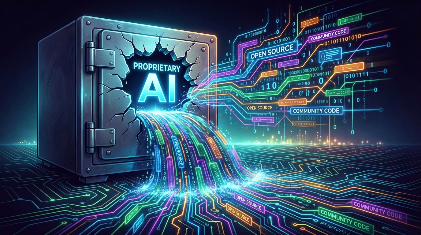 Open-source AI code flowing freely from an open vault, colorful streams of code cascading outward, symbolizing democratized AI access