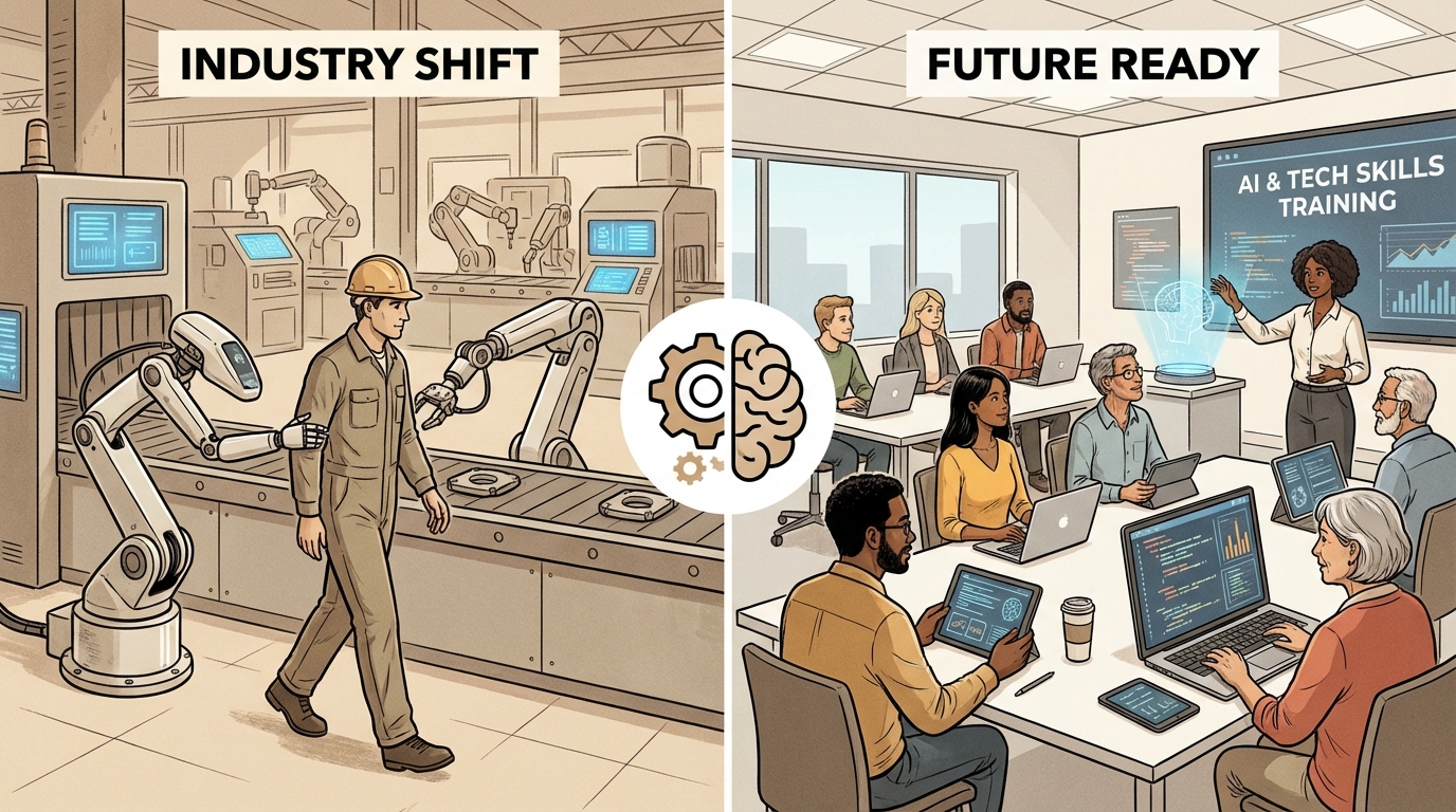 Split scene showing AI automation displacing workers on one side and diverse students learning AI skills in a classroom on the other