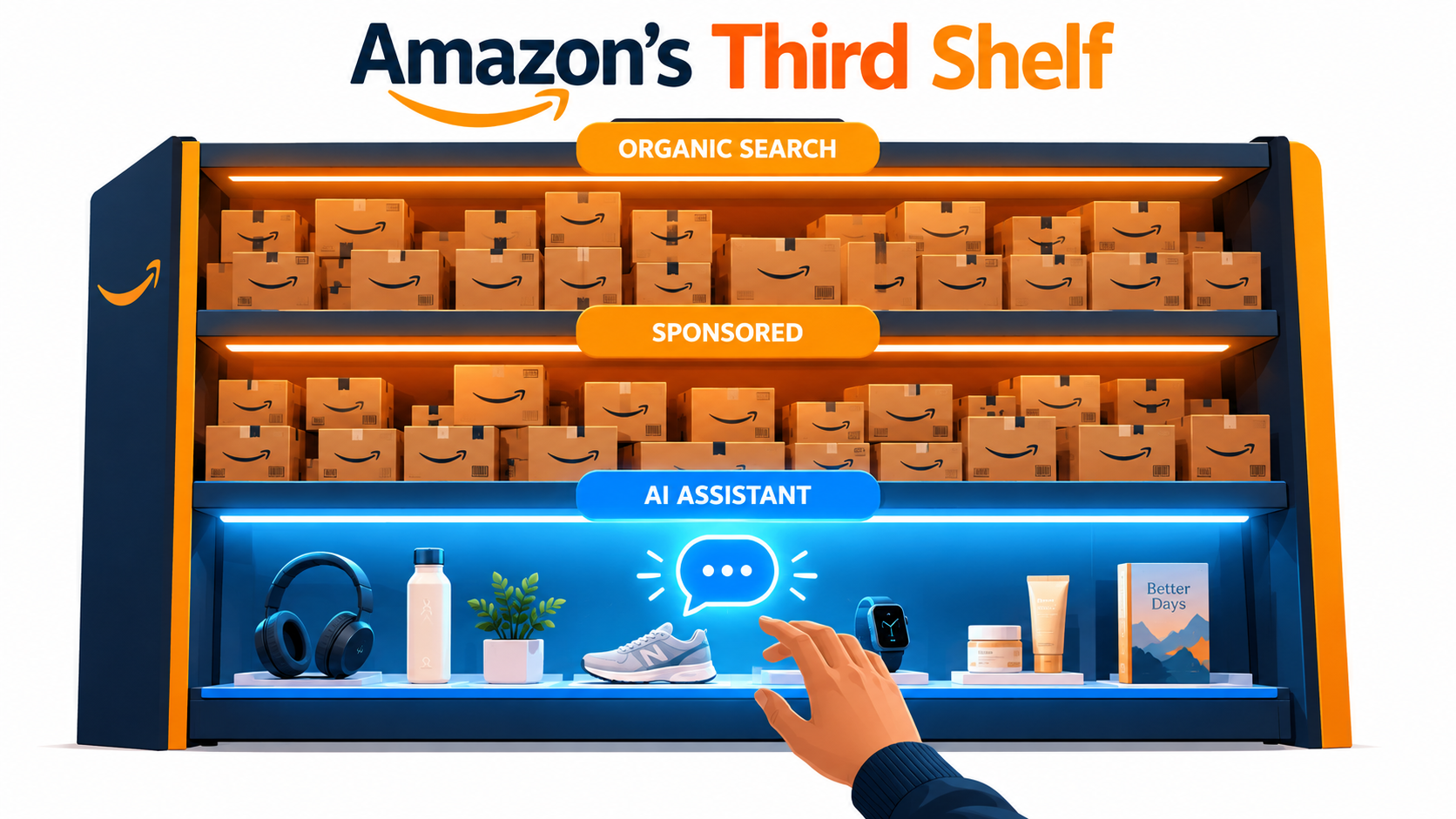 Illustration of three retail shelves labeled Organic Search, Sponsored, and AI Assistant, with the AI shelf lit separately