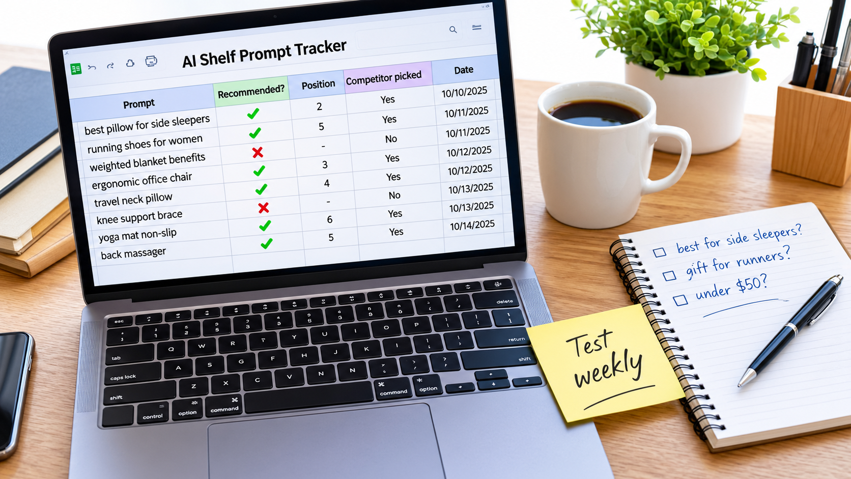 Seller desk with a laptop showing an AI Shelf Prompt Tracker spreadsheet and handwritten shopper prompts