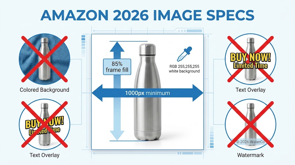 Amazon 2026 Image Specs guide showing product photo compliance requirements with annotations