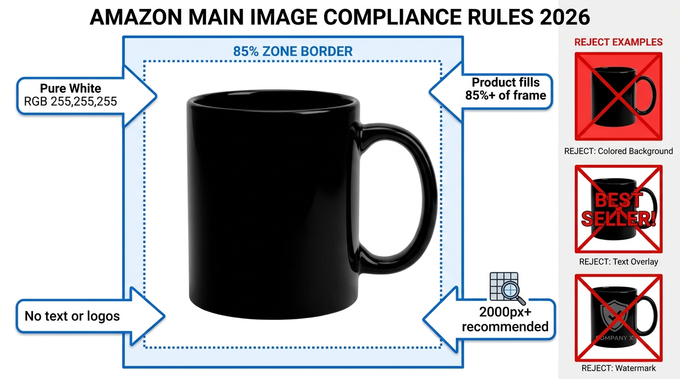 Amazon main image compliance diagram showing 85% frame fill rule, white background requirement, and prohibited elements