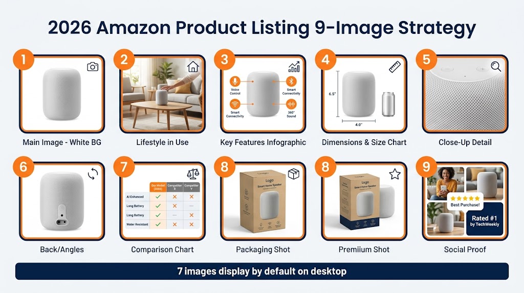 Amazon 9-image slot strategy infographic showing recommended content for each listing image position