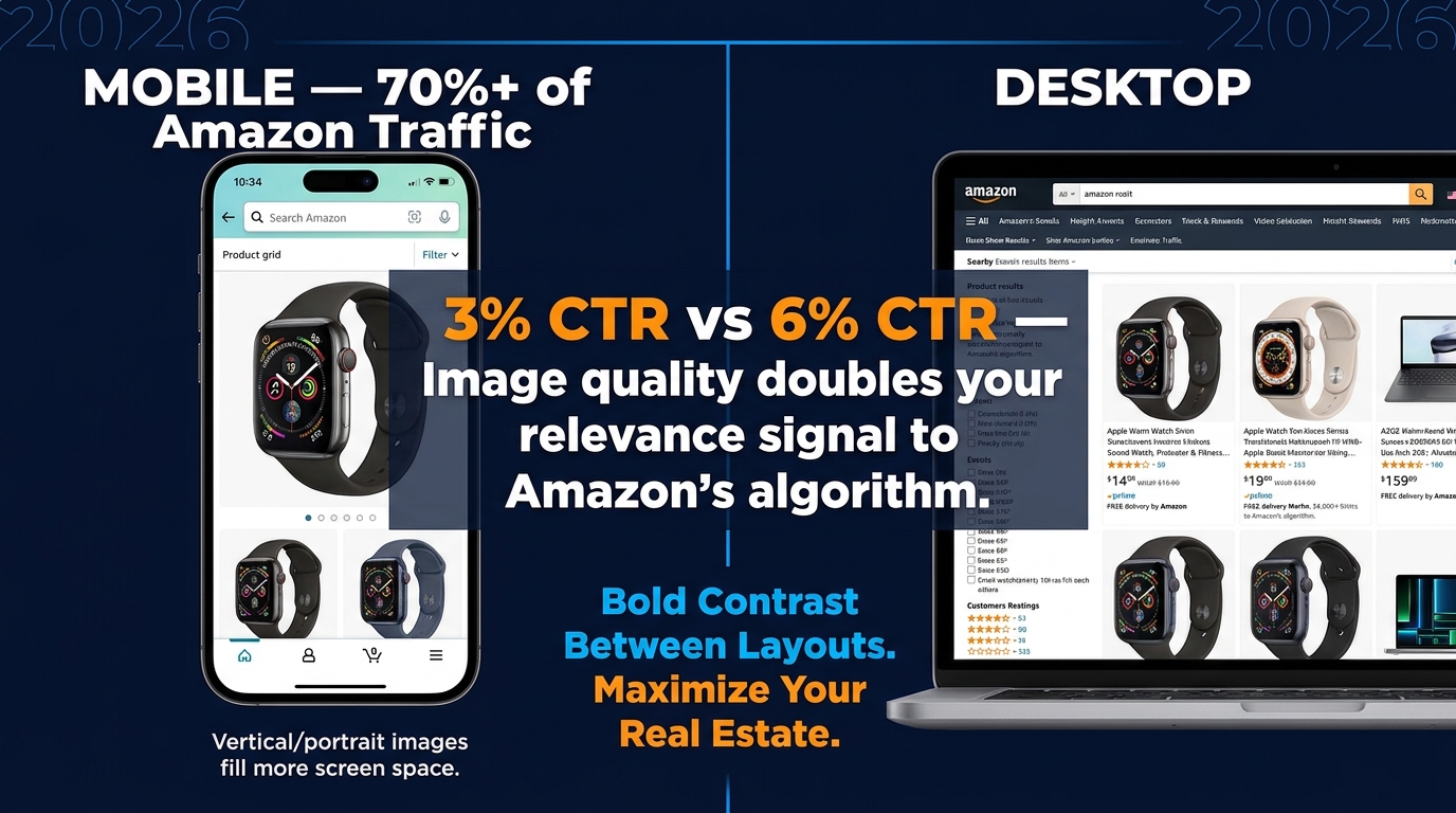 Mobile vs desktop Amazon thumbnail comparison showing how image orientation affects CTR and listing visibility