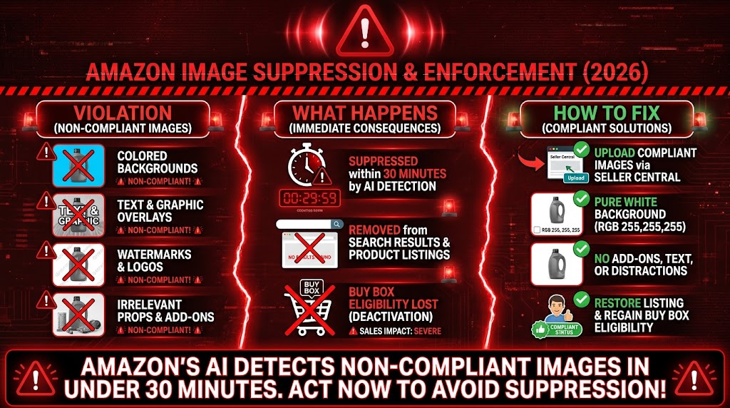 Amazon image suppression and enforcement warning infographic showing violations and how to fix suppressed listings in 2026