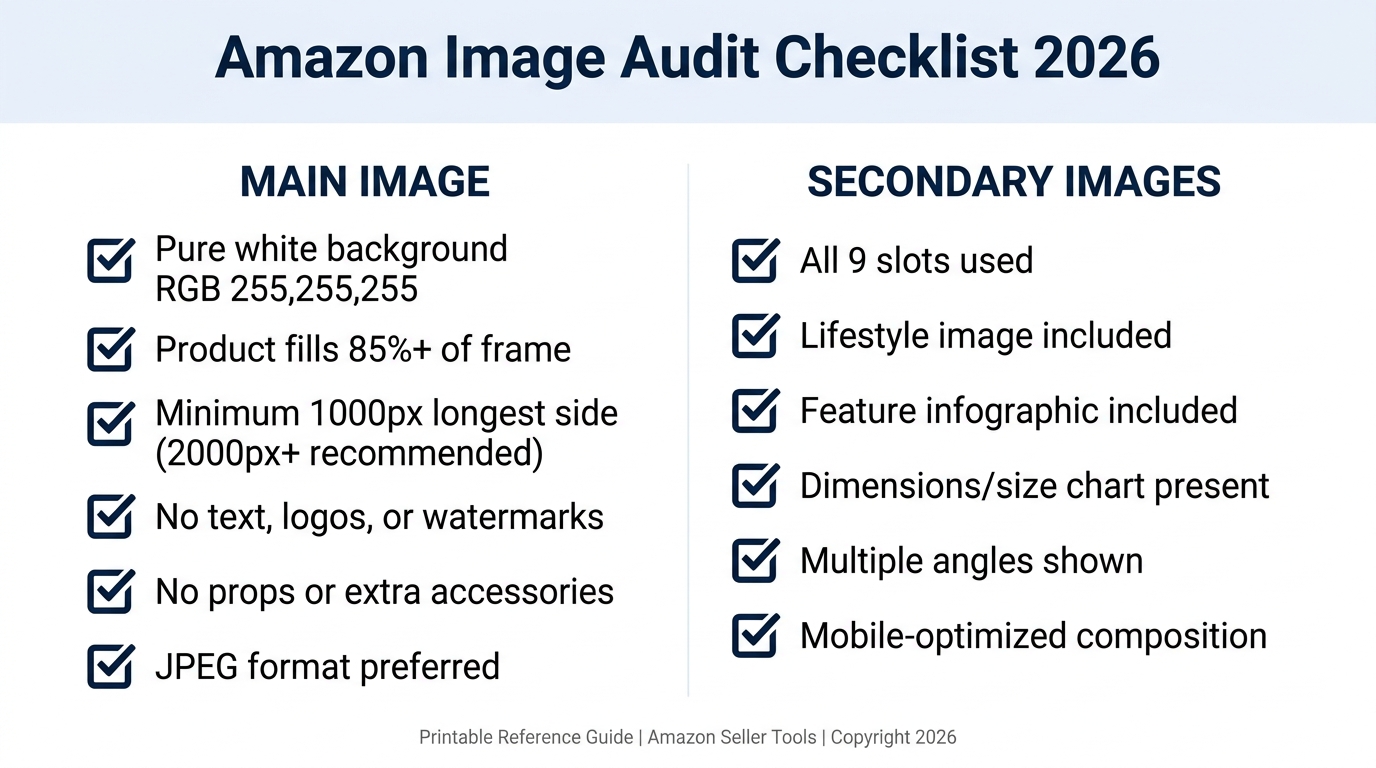 Amazon image audit checklist for 2026 showing main image and secondary image compliance criteria