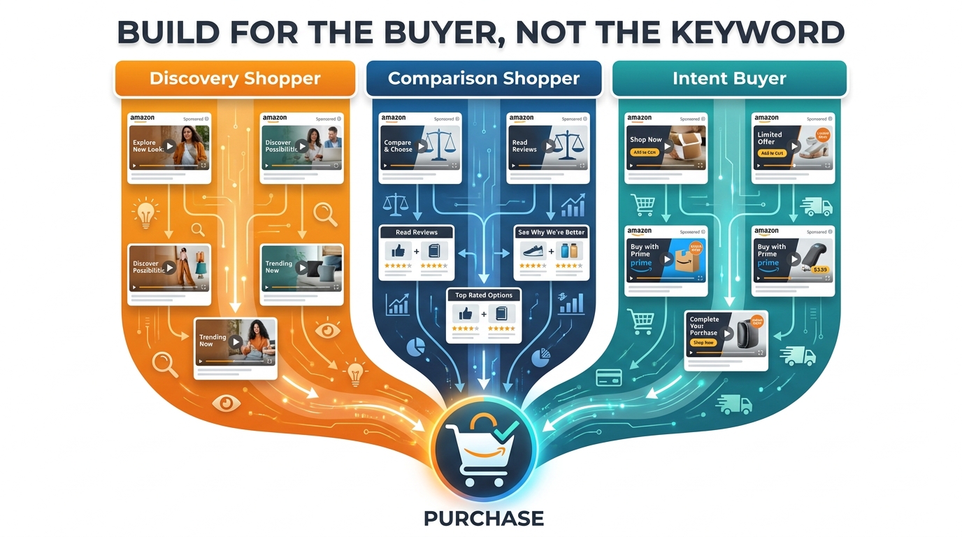 Amazon Sponsored Brands Video persona-first campaign funnel divided into three buyer lanes: Discovery Shopper, Comparison Shopper, and Intent Buyer