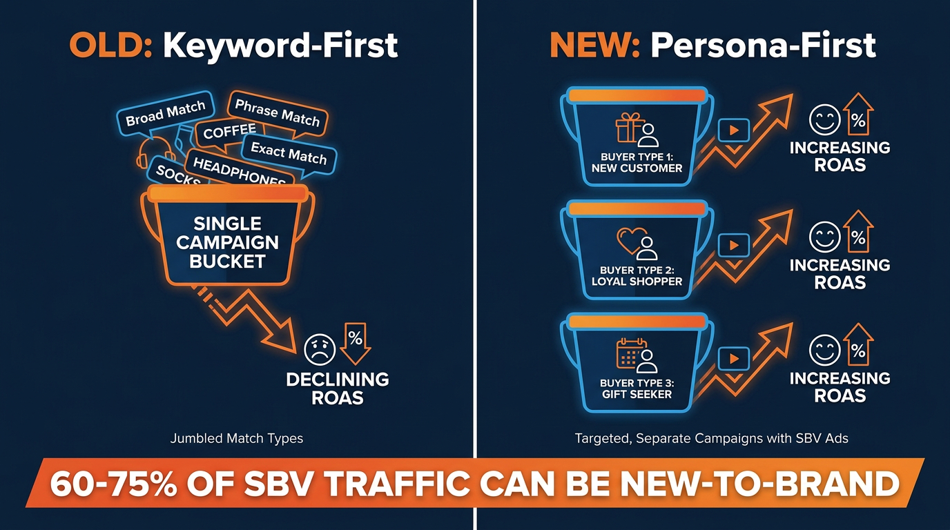 Side-by-side comparison showing keyword-first SBV campaign structure with declining ROAS versus persona-first structure with three buyer-type campaign buckets and improving performance