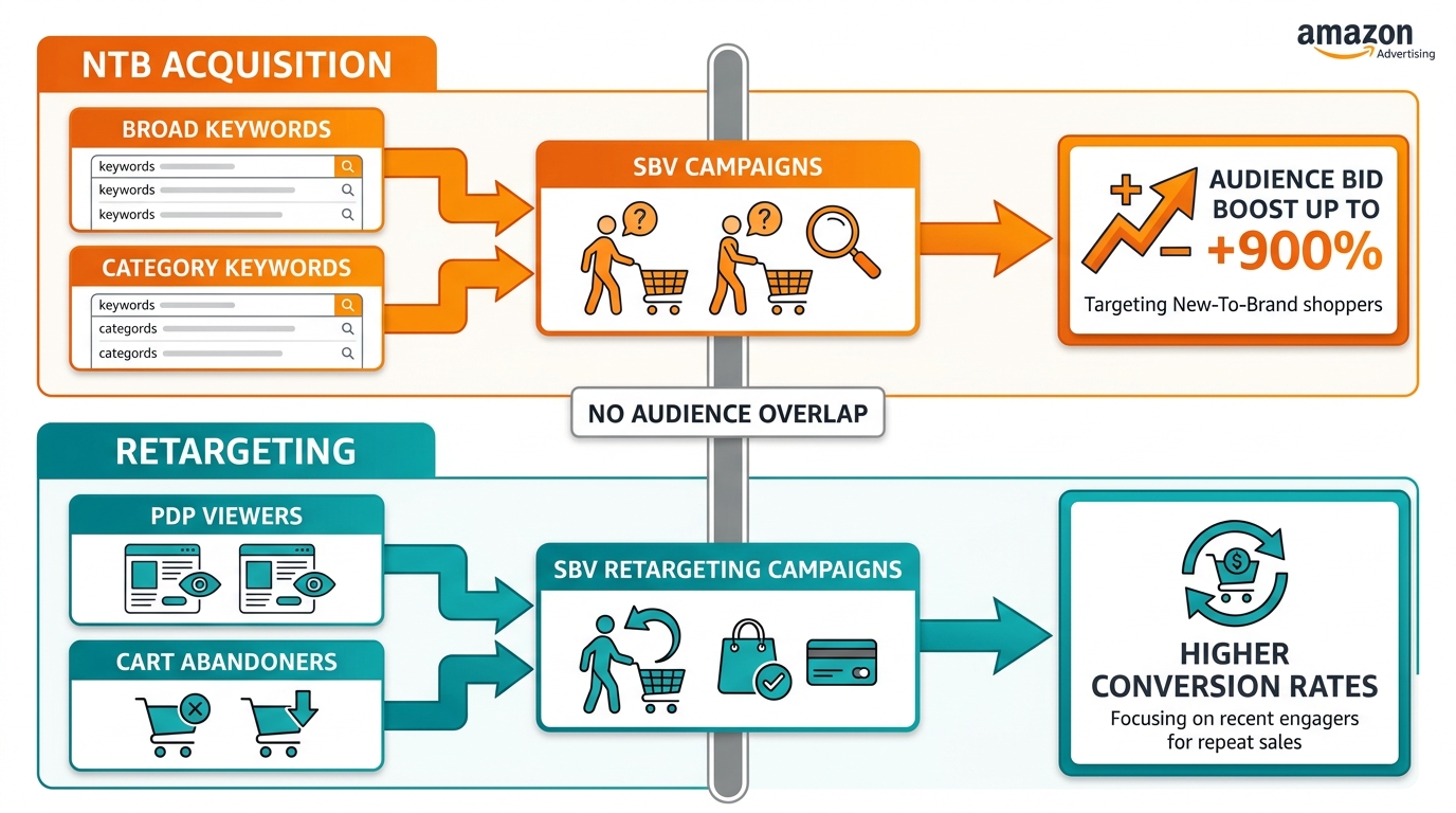 Amazon SBV campaign architecture split into two parallel tracks: NTB Acquisition track in orange with broad keywords and new shopper targeting, and Retargeting track in teal with PDP viewers and cart abandoners, with NO AUDIENCE OVERLAP divider between them