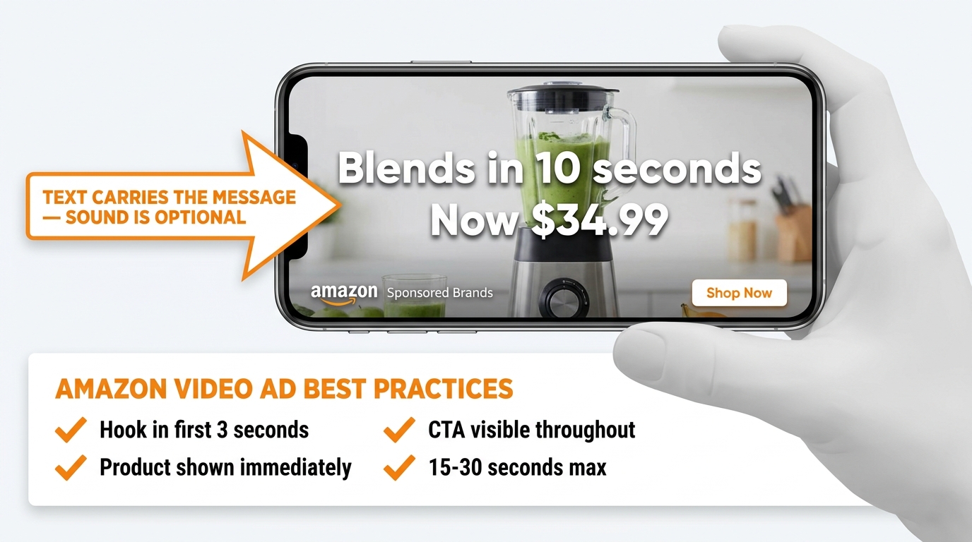 Mobile phone mockup showing an Amazon Sponsored Brands Video ad for a kitchen blender playing silently with bold text overlays, with a checklist of SBV creative best practices including hook in first 3 seconds, product shown immediately, CTA visible throughout, and 15-30 seconds max