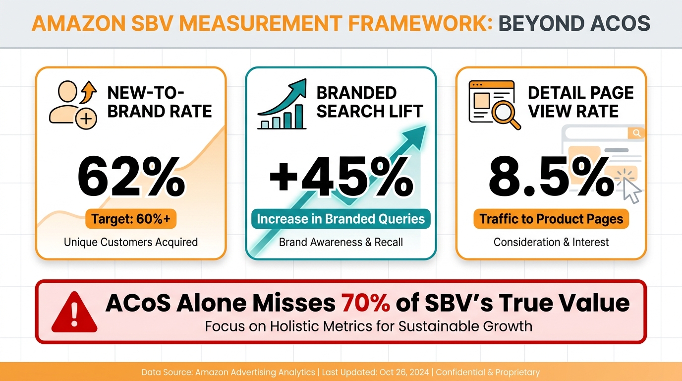 Dashboard showing three primary SBV measurement metrics: New-to-Brand Rate with 60%+ target, Branded Search Lift with upward trend, and Detail Page View Rate, plus a warning that ACoS alone misses the majority of SBV's true value